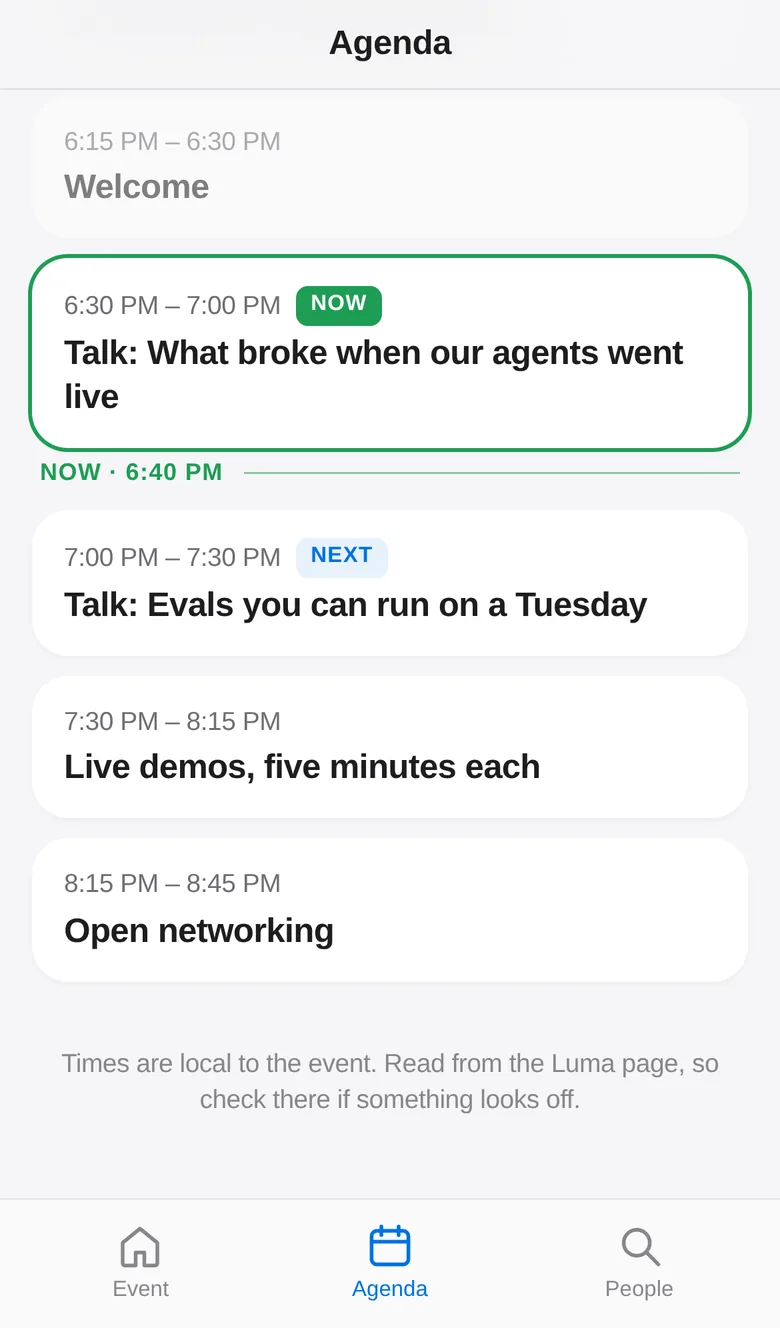 The Agenda tab with a Now marker and a Next label