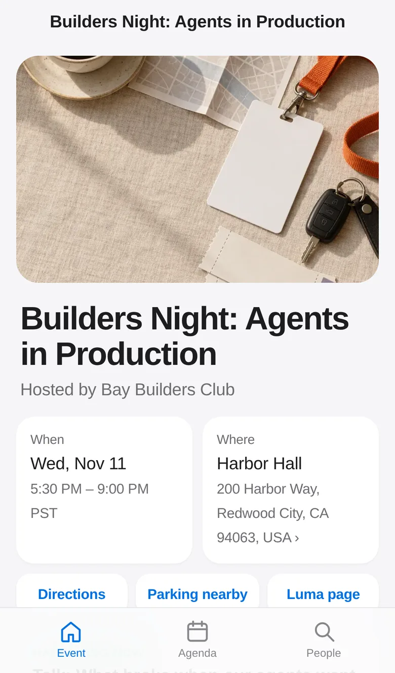 The Event tab: cover, date, venue, Directions and Parking nearby buttons