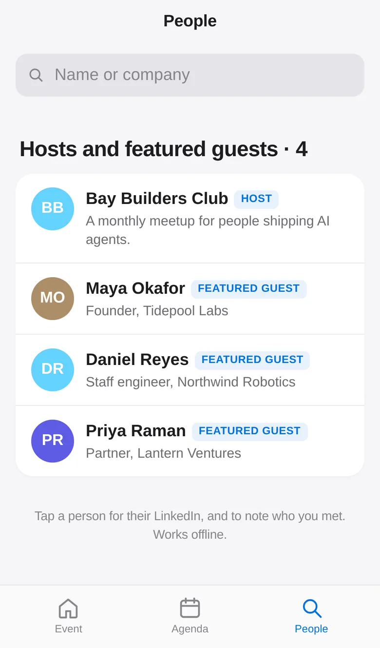 The People tab: hosts and featured guests with photos and a search box