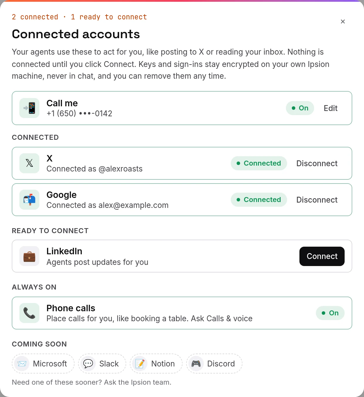 Connected accounts: what is connected, what you can connect, and what is coming soon.