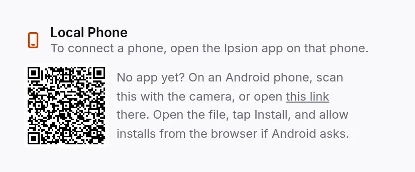 On a computer: Live, Local Phone. Scan the code with the phone's camera.