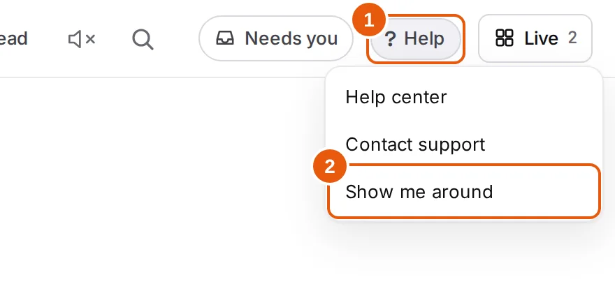 Help (1) and Show me around (2) at the top right.