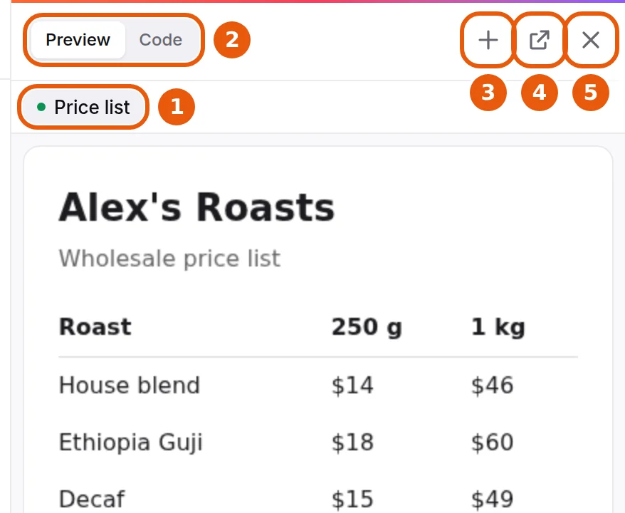 The Live panel with a price list an agent made. The numbers match the list below.
