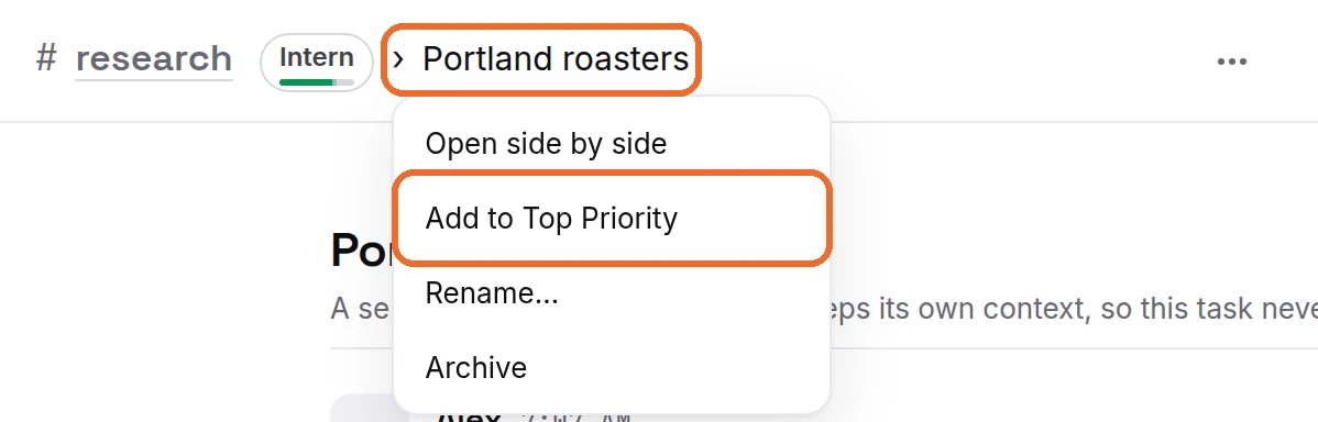 Inside a thread: the thread's name at the top opens the menu, and Add to Top Priority is in it.