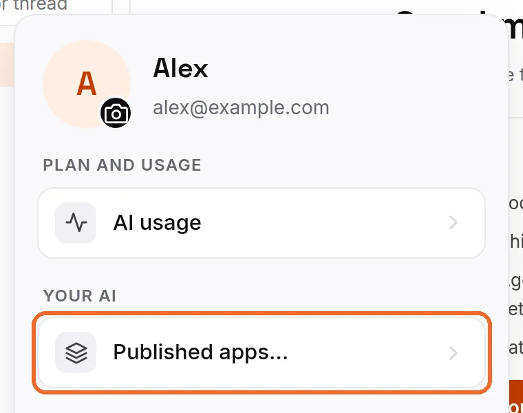 Step 1: press Account, then Published apps.