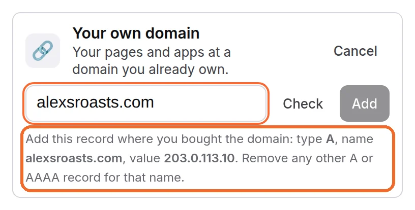 Step 2: type the domain. Ipsion shows the A record to add, with your server's address.