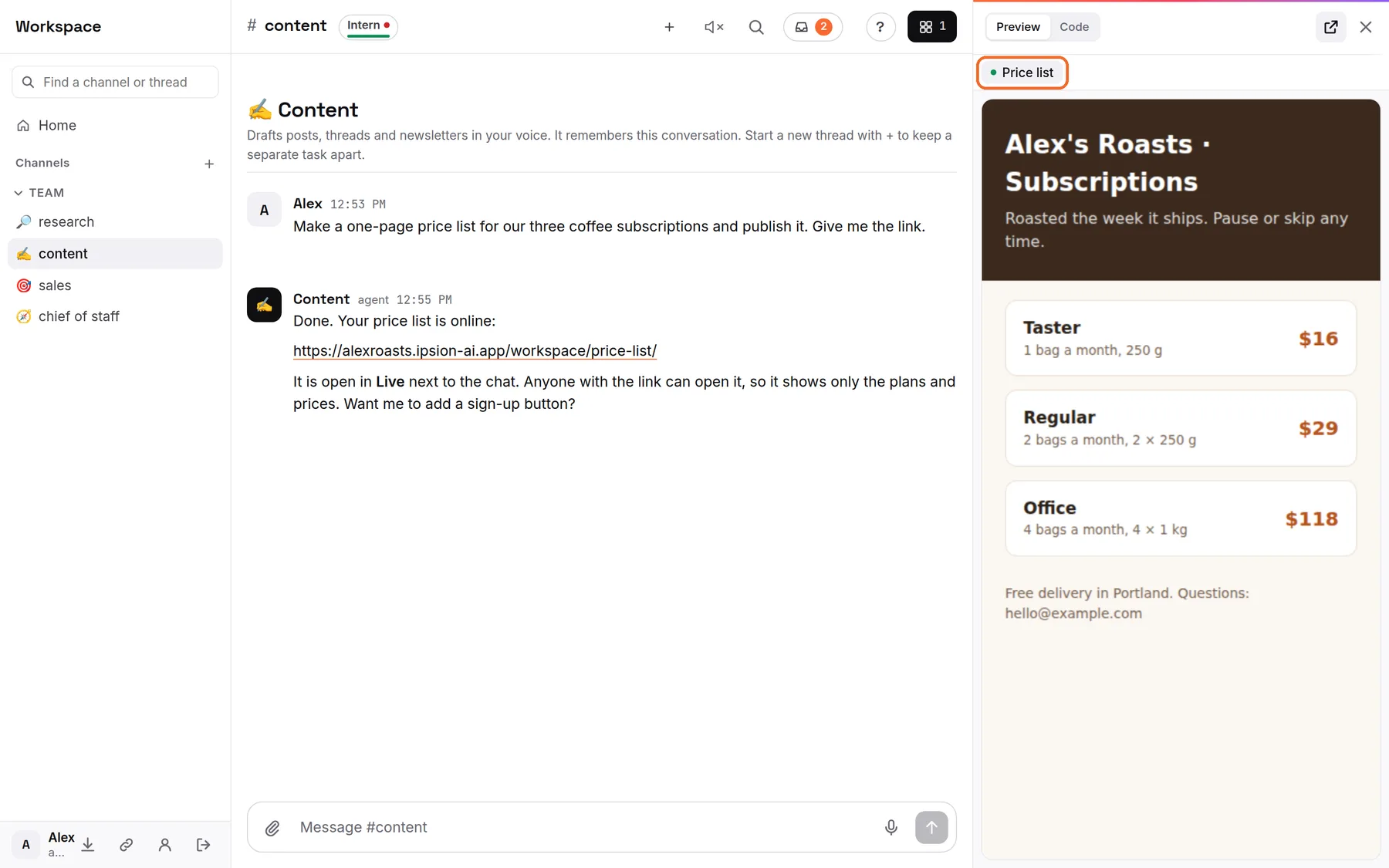 Step 2: the page opens in Live next to the chat, in a tab with its name.