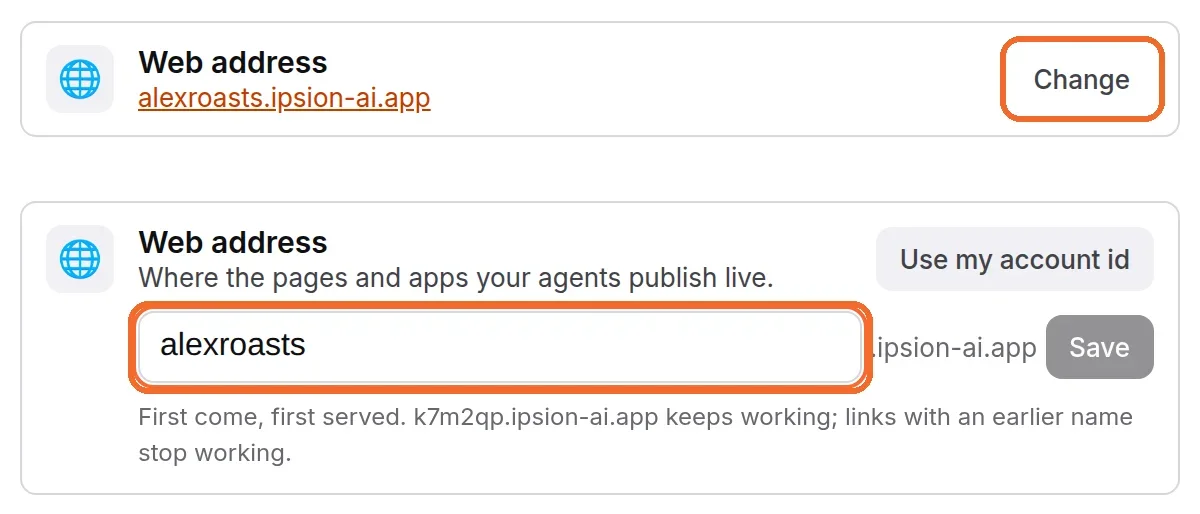 Your own name: in Connected accounts, press Change next to Web address, type a name, then press Save.