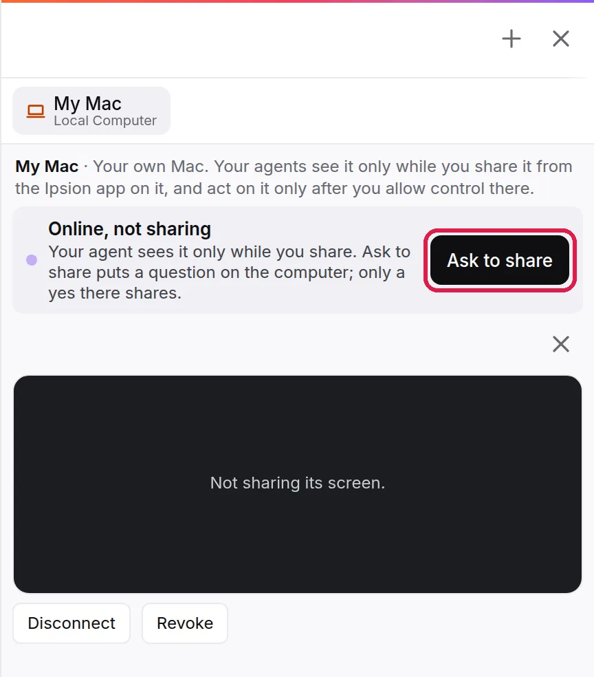 Left: Share this screen on the computer. Right: Ask to share in the console.