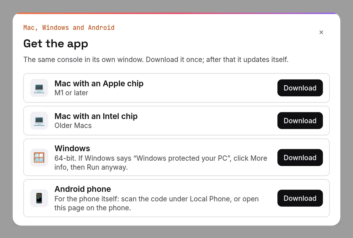 The download button opens this card. Pick your computer.