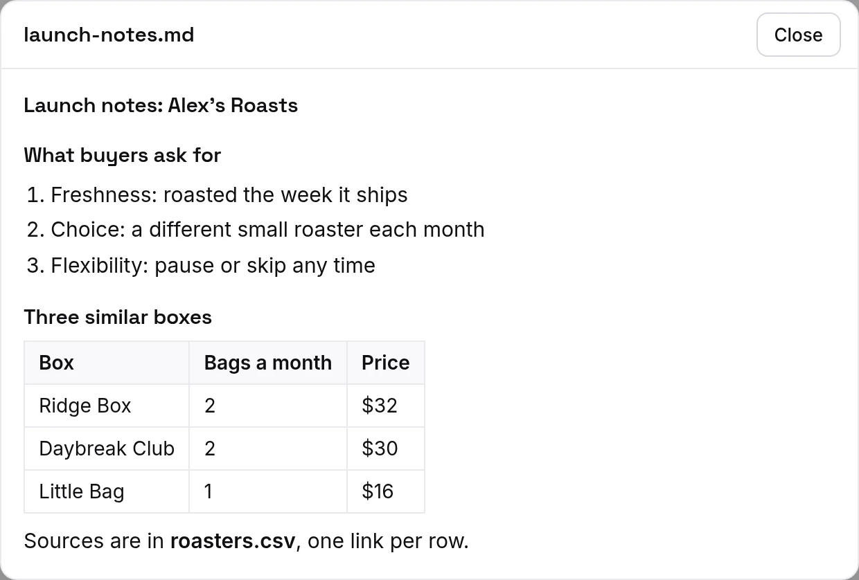 A Markdown file opened: its headings, list and table, formatted