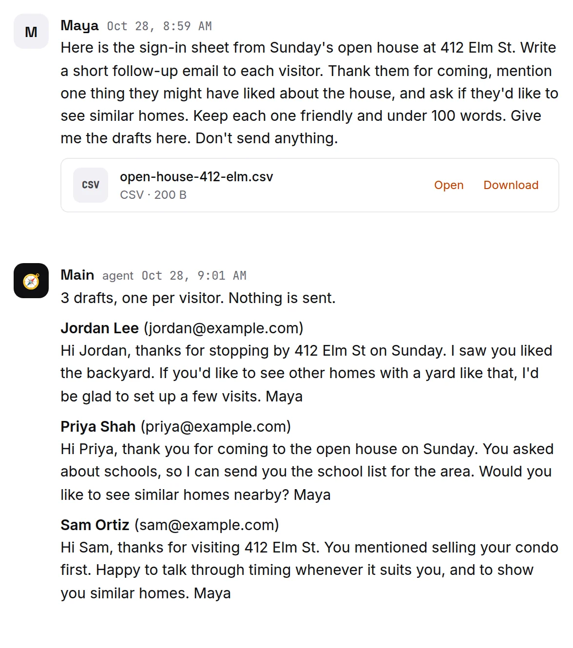 Day 2: the sign-in sheet attached, the brief, and Main's drafts in the same chat (a made-up example).