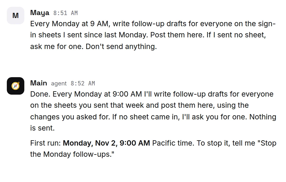 Day 4: Main sets up the weekly job and says when it first runs (a made-up example).