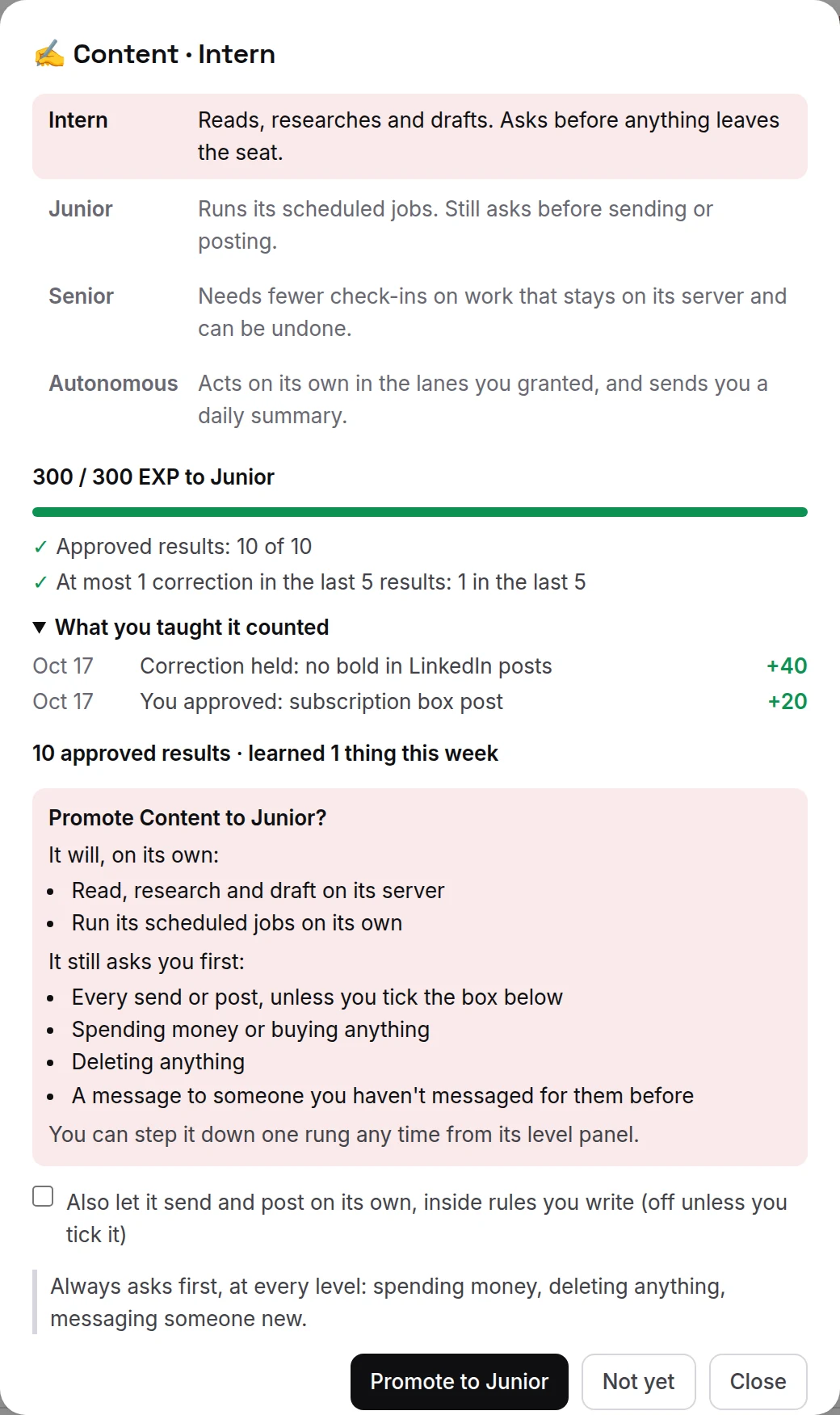 A level-up card. Nothing changes until you press Promote.