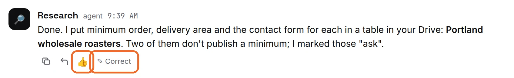 The two buttons under a reply: thumbs up and Correct.