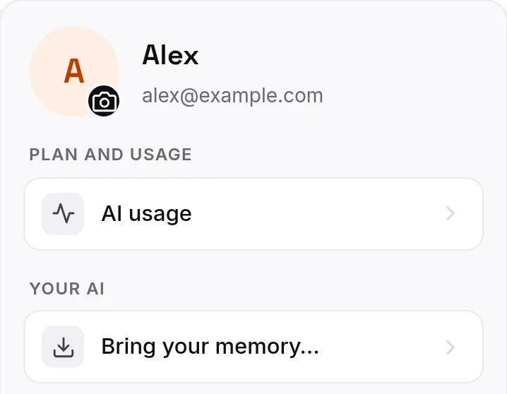 The Account menu: Bring your memory… under Your AI