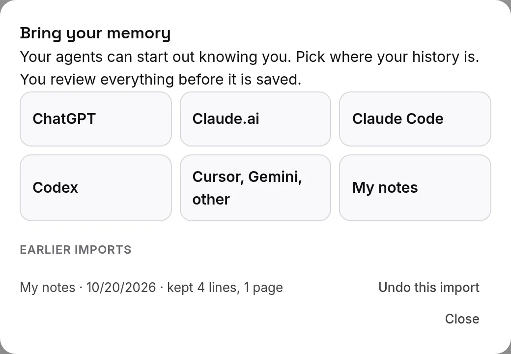 Pick where your history is. Earlier imports sit below, each with Undo this import