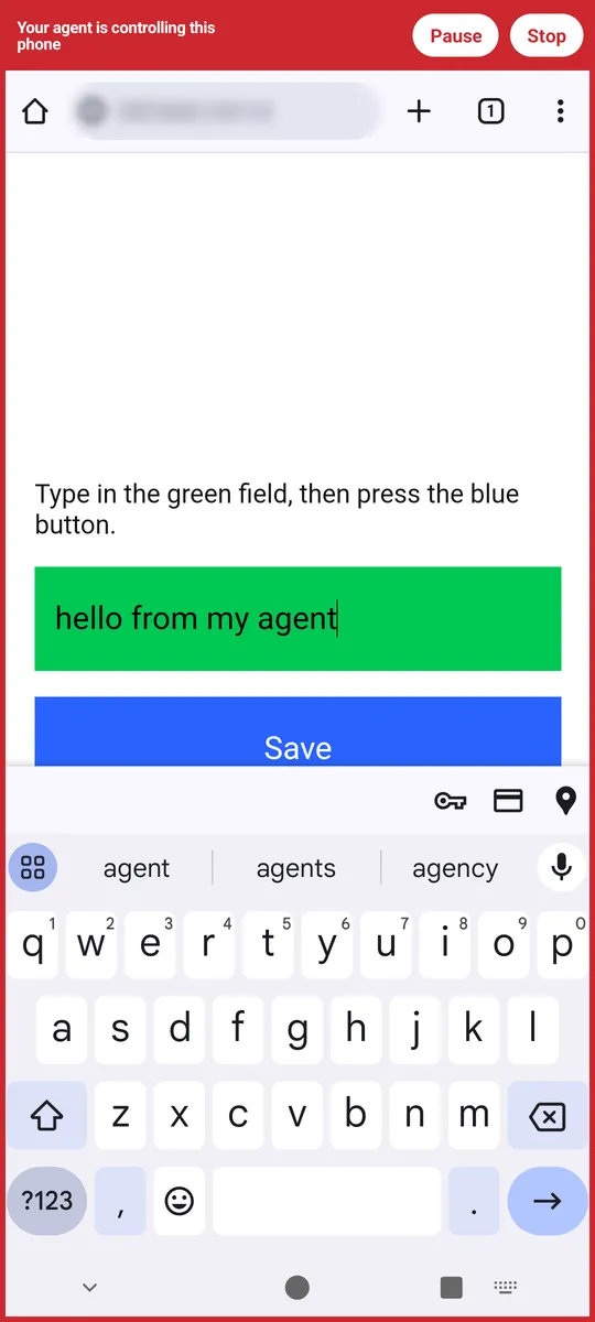 Left: the red bar before you allow control. Right: your agent typing, inside the red frame.