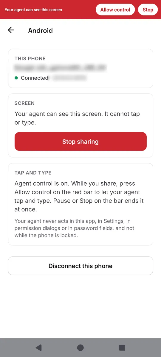 Left: the red bar before you allow control. Right: your agent typing, inside the red frame.