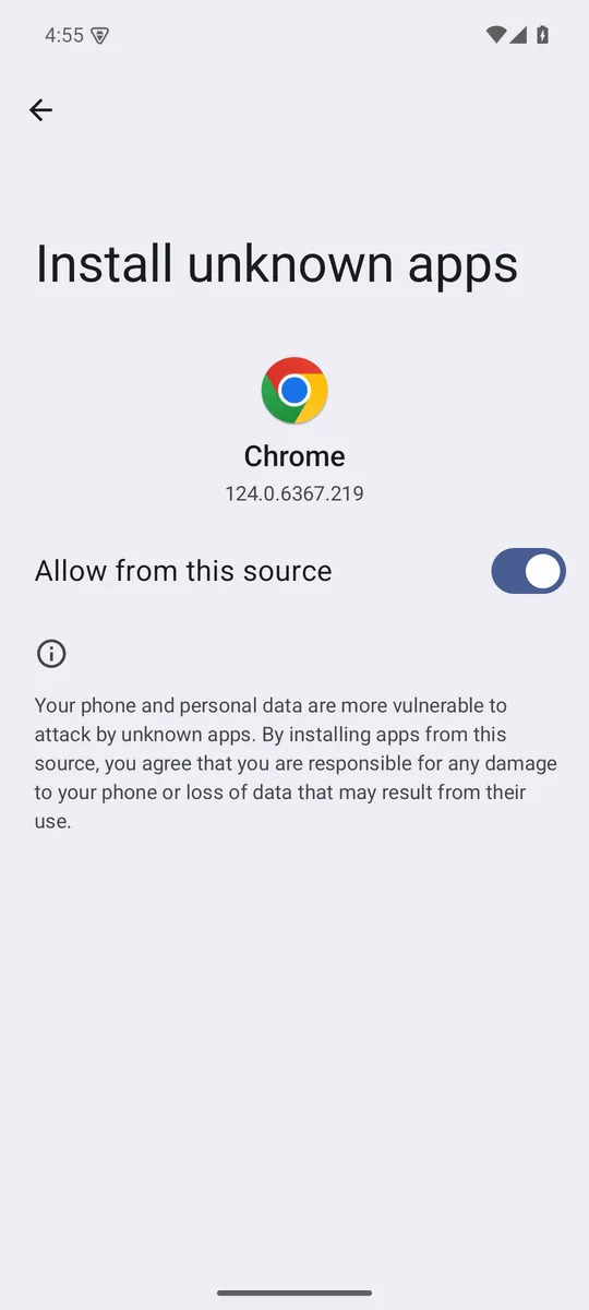 Android, first time only: allow installs from your browser, then tap Install.