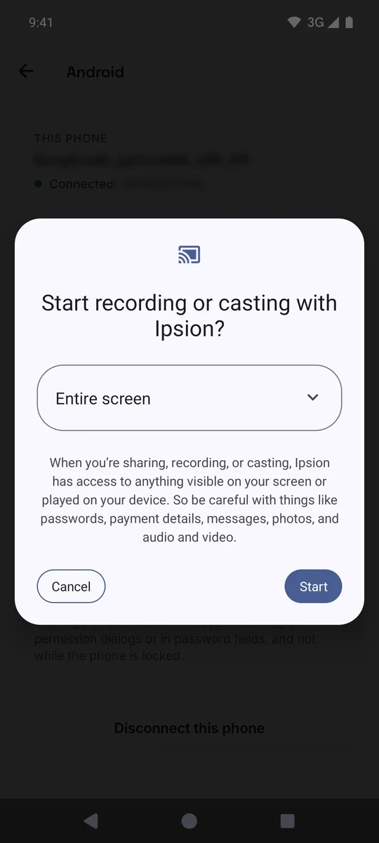 Step 2: keep Entire screen and tap Start. Step 3: your agent can see, but not touch.