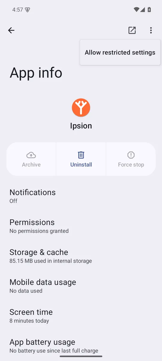 Step 3: App info for Ipsion, three dots, Allow restricted settings.