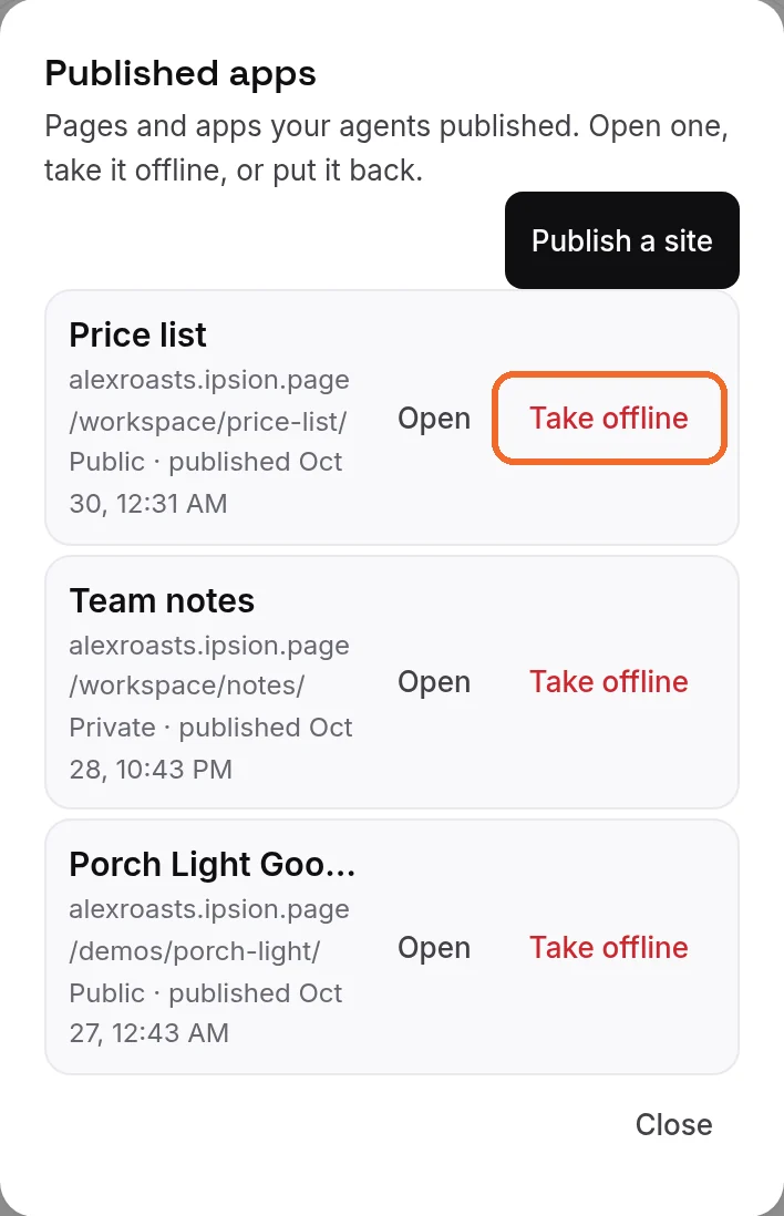 Step 2: your published apps, with Publish a site above the list. Take offline sits next to each one that is live.
