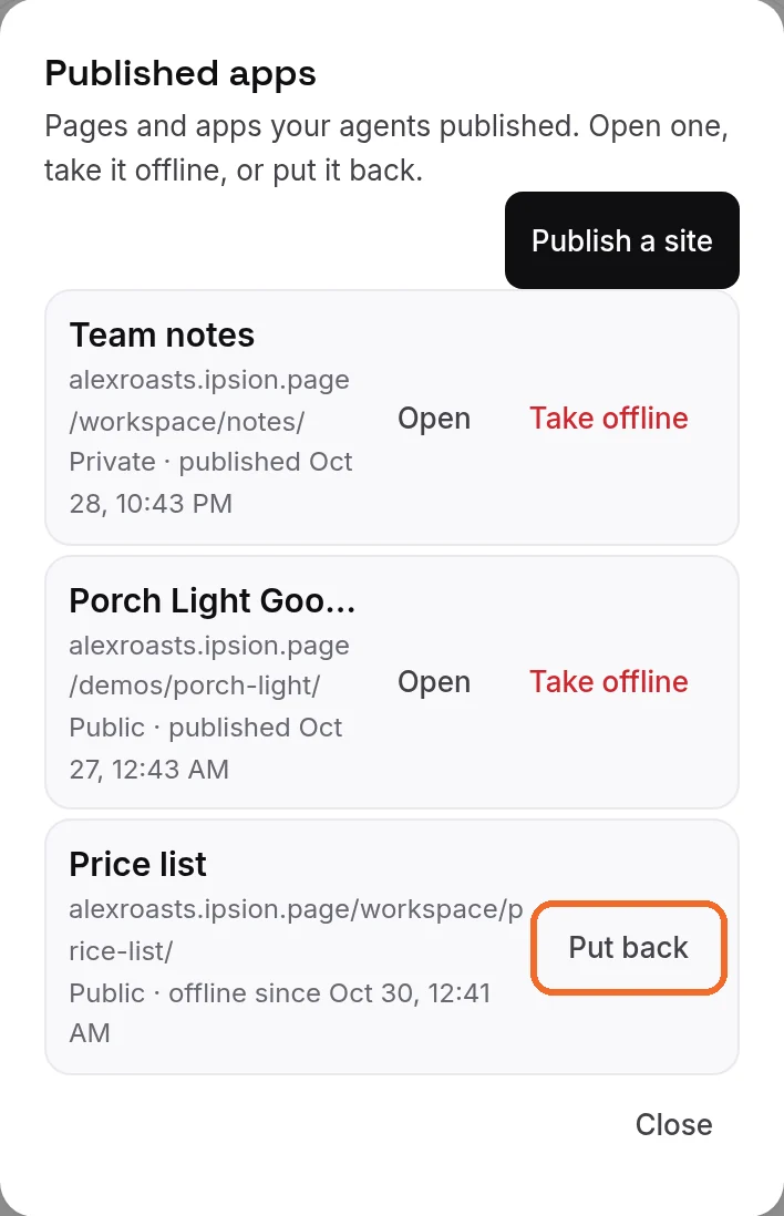 Step 3: after Take offline, the app is marked offline since, with Put back next to it.