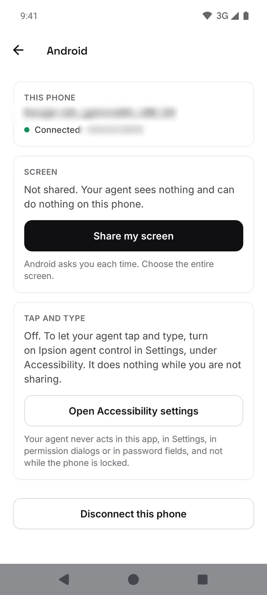 Step 2: confirm the connection. Step 3: connected, nothing shared yet.