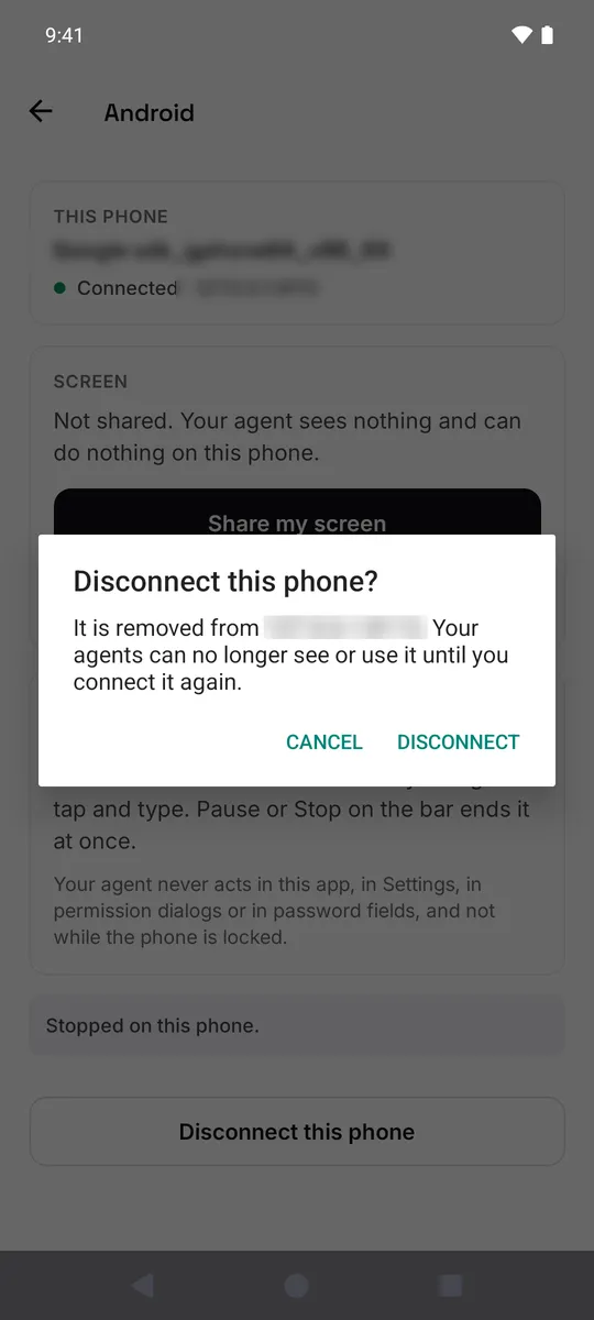 Left: paused, your agent can only see. Right: removing the phone for good.