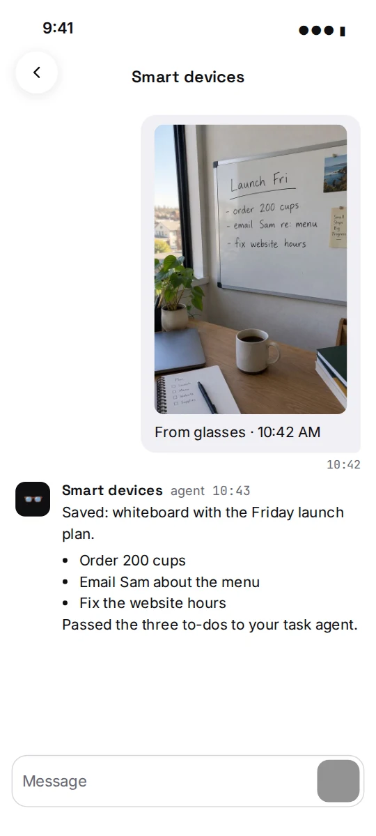 A photo from the glasses in your Smart devices agent's chat, and its reply. Example with a made-up whiteboard.