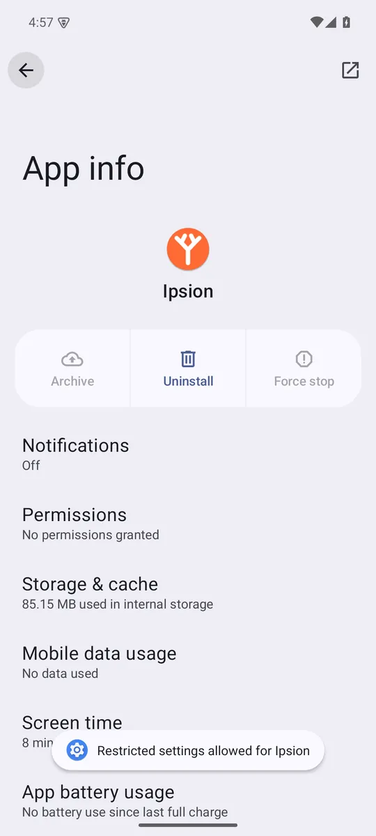 Step 3: App info for Ipsion, three dots, Allow restricted settings.
