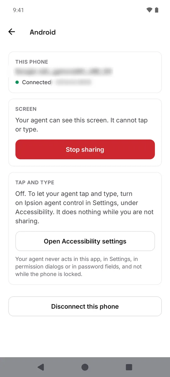 Step 2: keep Entire screen and tap Start. Step 3: your agent can see, but not touch.