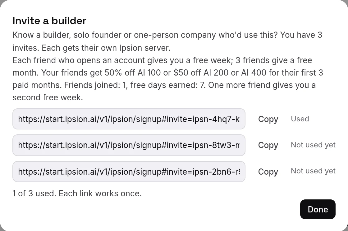 Invite a builder: your links, what you and your friends get, and which links are used