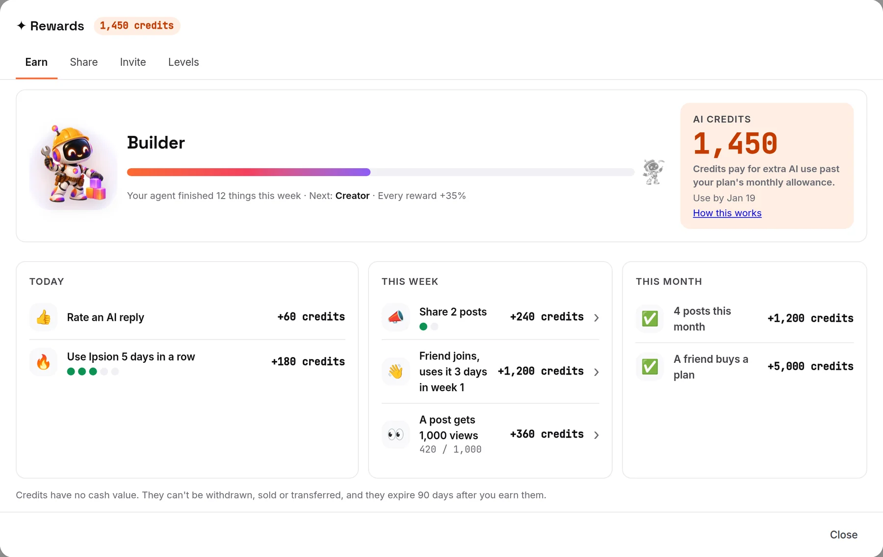 Earn(赚取)页:你的 AI 额度、你的等级,以及今天、本周和本月的任务