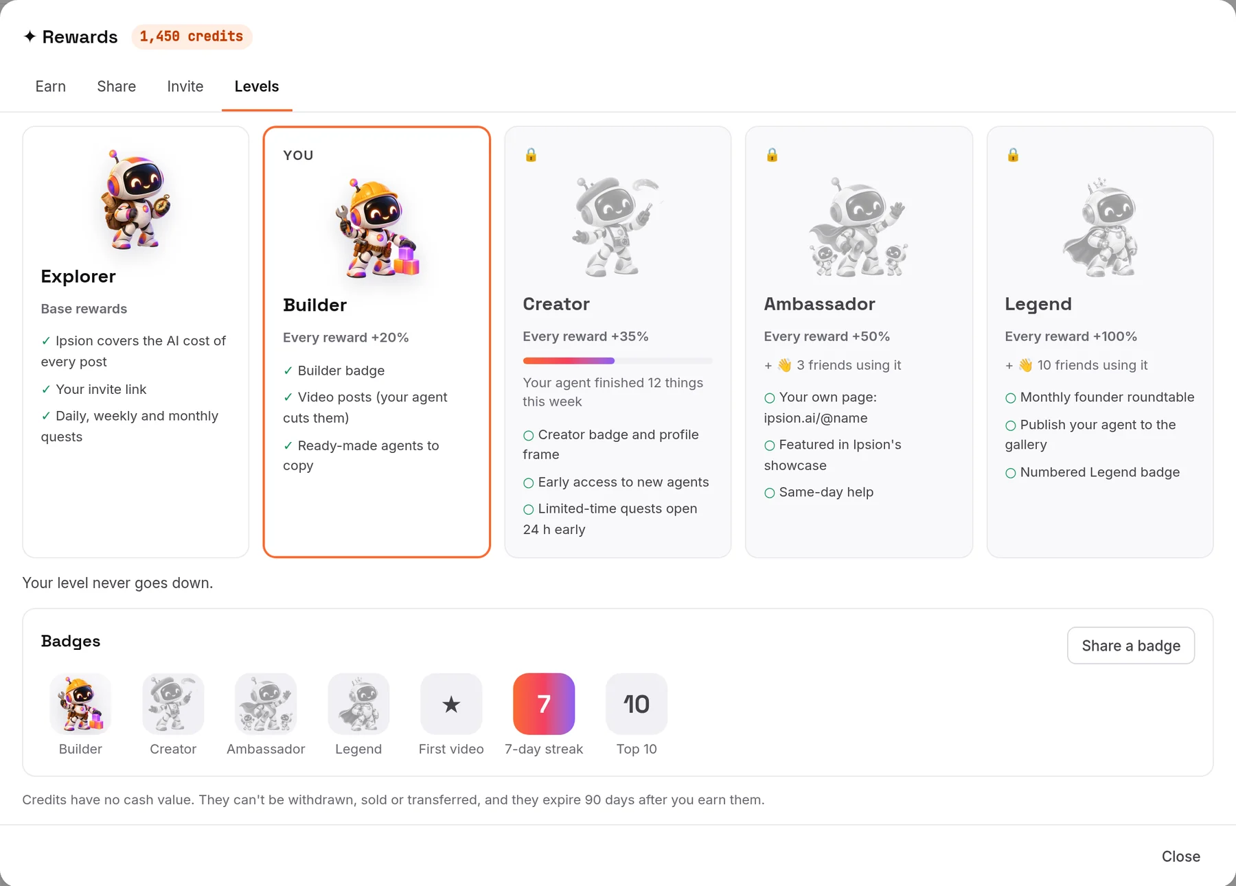 Levels（等级）页：每个等级、它带来什么，以及你离下一级还有多远