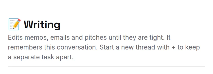 The top of a new chat with Writing: one line on what it does