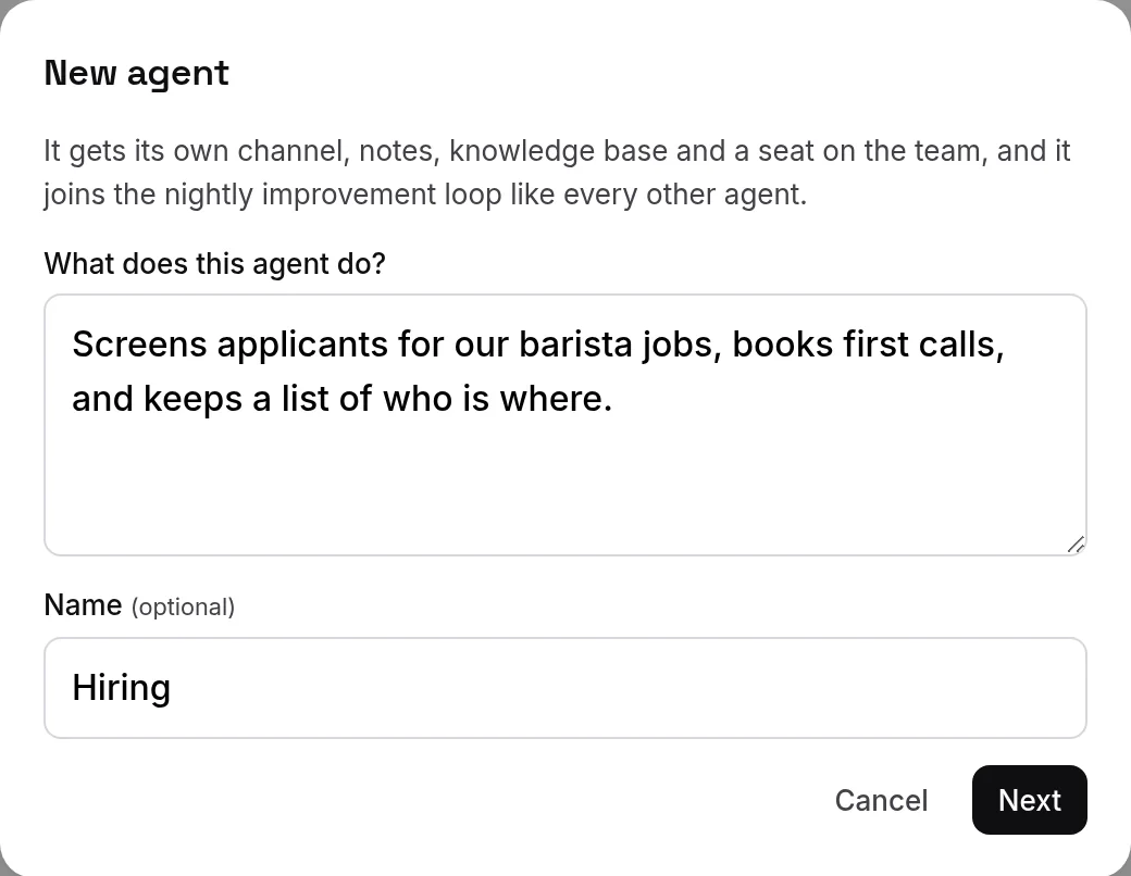 New agent: say in a sentence what it does; the name is optional