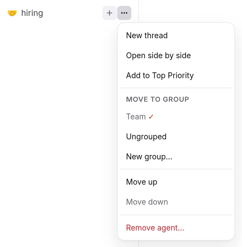The options (⋯) of an agent you added end with Remove agent…