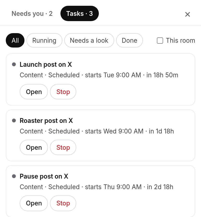 The Tasks tab: each job with its chat, Scheduled, the start time, Open and Stop
