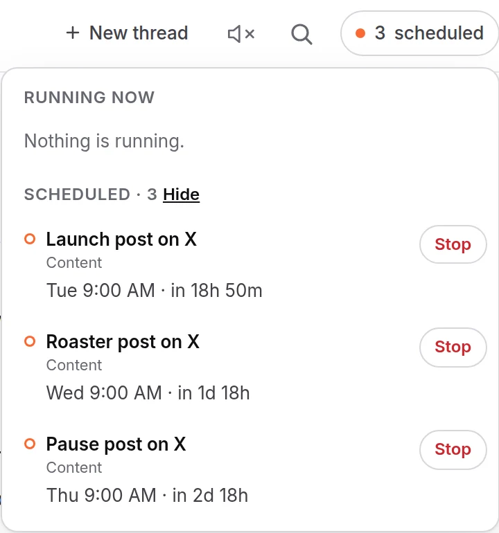 3 scheduled at the top opens Running now; Scheduled lists each post with its time and Stop