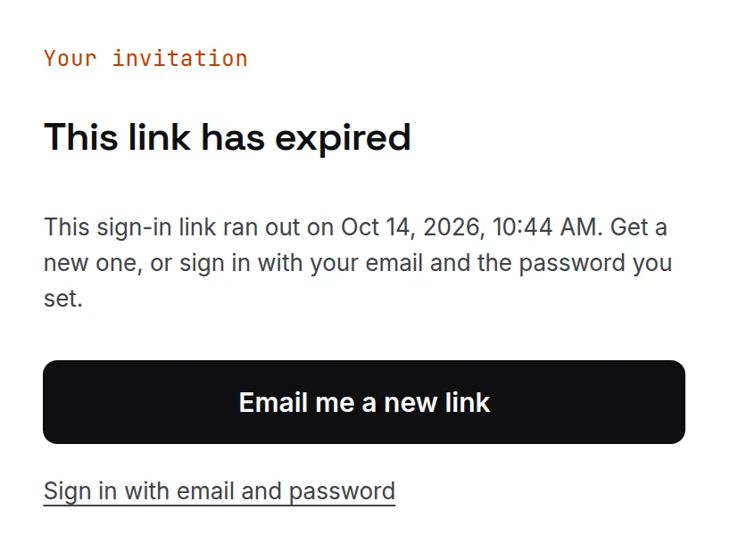 Left: a link that was already used or has expired. Right: after Email me a new link.