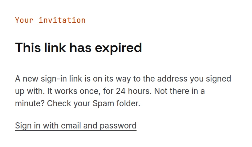 Left: a link that was already used or has expired. Right: after Email me a new link.