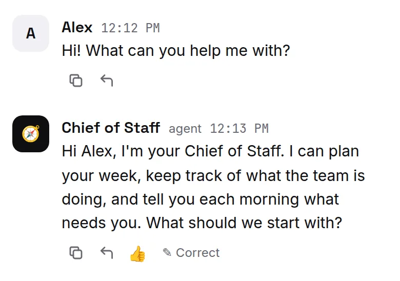 A new workspace: say hi and your agent answers. There was no AI account to connect first.