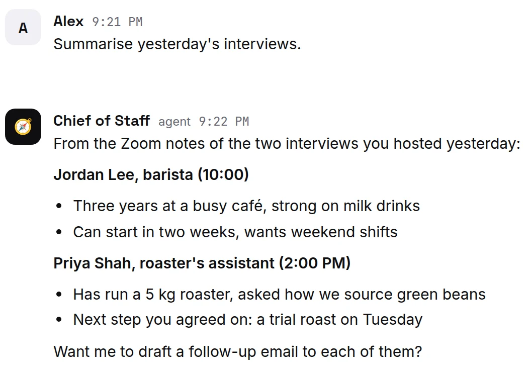 An agent answers from the Zoom notes of two interviews. The people are made up.