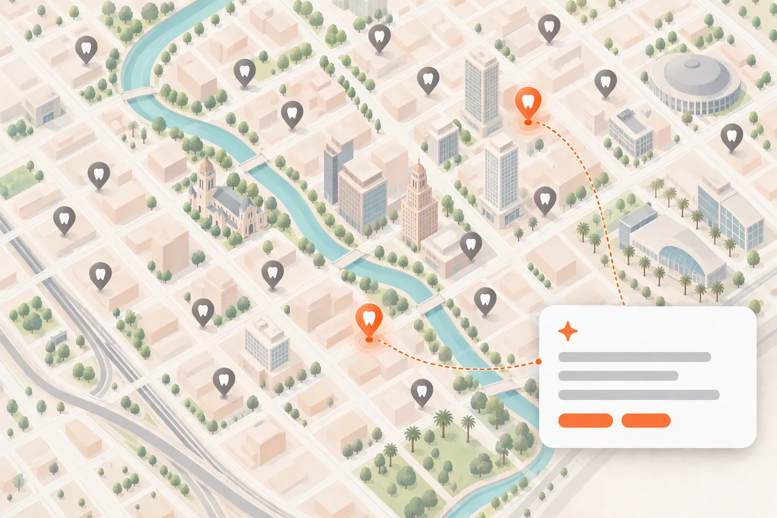 Illustrated map of downtown San Jose with 20 dentist pins; an AI answer card links to only 2 of them